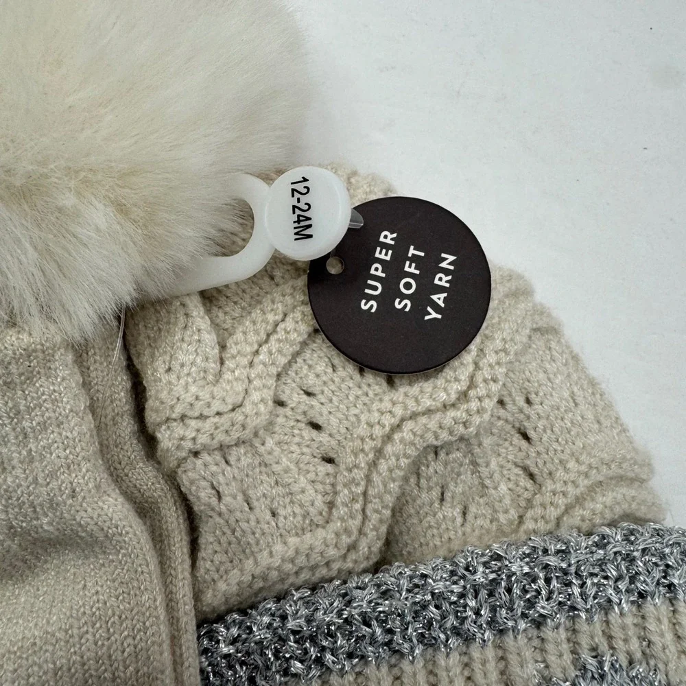 Laura Ashley Hat & Mittens Set Girls‎ 12-24M Beige Silver Heart Pom Beanie NWT